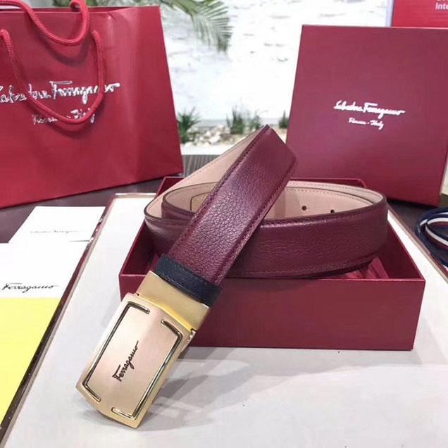 Salvatore Ferragamo Tonal Leather Buckle Belt 35MM Calfskin Leather Spring Summer 2018 Collection Burgundy