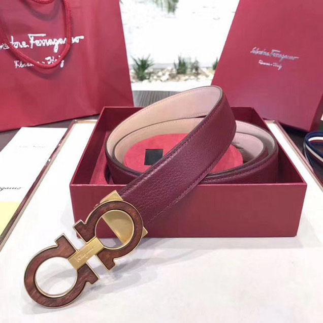 Salvatore Ferragamo Enamel Double Gancini Reversible Belt 35MM Antique Gold Hardware Grained Calfskin Leather Spring Summer 2018 Collection Burgundy