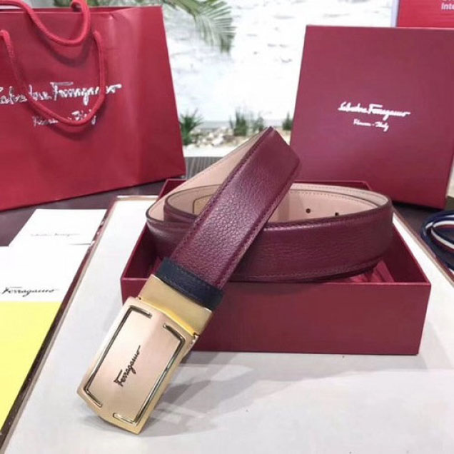 Salvatore Ferragamo Tonal Leather Buckle Belt 35MM Calfskin Leather Spring/Summer 2018 Collection, Burgundy