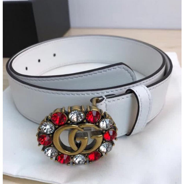 Gucci GG and Crystal Buckle Belt 35mm Width White 2017