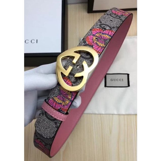 Gucci GG Print Belt with Gold Heart Buckle 35mm Width Grey/Pink 2017