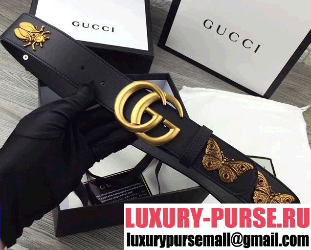 Gucci Width 40mm Metal Animal Insects Studs Double G Buckle Belt 405626 Black