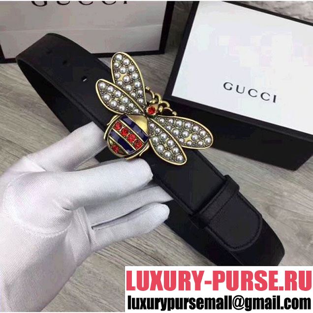 Gucci 3.5CM Width Queen Margaret Leather Belt With Metal & Jeweled Bee Buckle Black 2017 (99-7062757 )