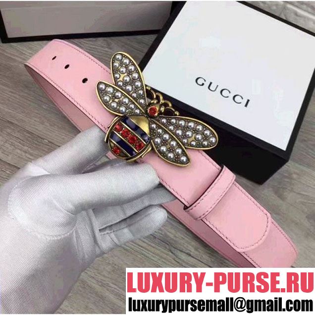 Gucci 3.5CM Width Queen Margaret Leather Belt With Metal & Jeweled Bee Buckle Pink 2017 (99-7062856 )