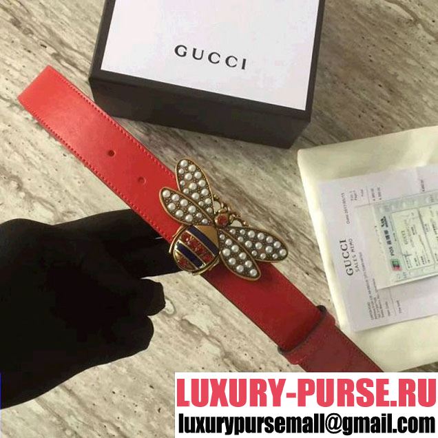 Gucci Queen Margaret Leather Belt With Metal & Jeweled Bee Buckle Red 2017 (SLP-7052718 )