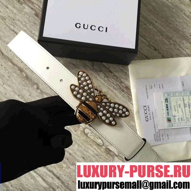 Gucci Queen Margaret Leather Belt With Metal & Jeweled Bee Buckle White 2017 (SLP-7052717 )