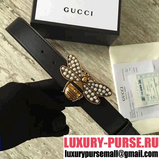 Gucci Queen Margaret Leather Belt With Metal & Jeweled Bee Buckle Black 2017 (SLP-7052716 )