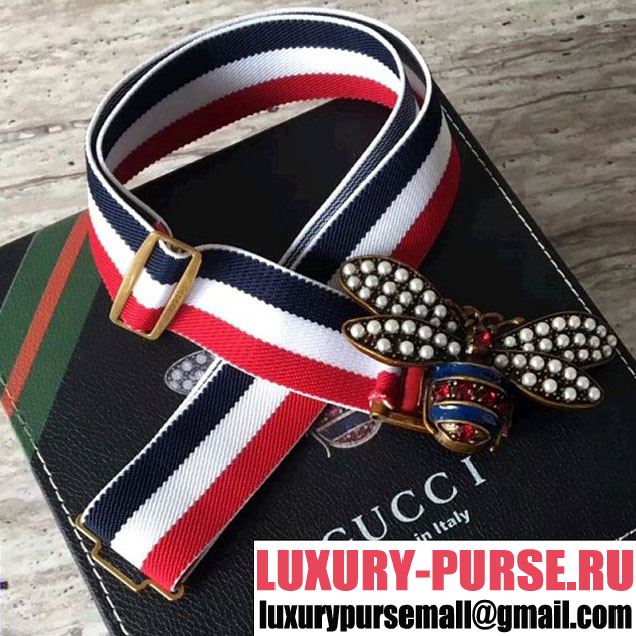 Gucci Stripe Blet with Bee and Crystals Blue/White/Red 2018 (SLP-7012013 )