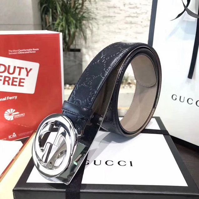 Gucci Guccissima Belt with Interlocking G Buckle 40MM Silver Hardware Calfskin Leather Spring Summer 2018 Collection Black