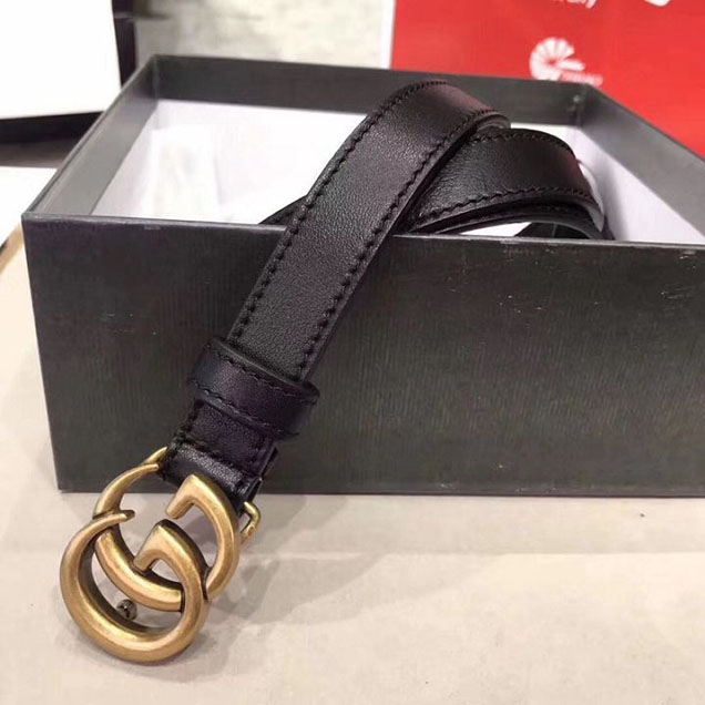 Gucci Skinny Belt with Double G 13MM Antique Gold Hardware Calfskin Leather Spring Summer 2018 Collection Black