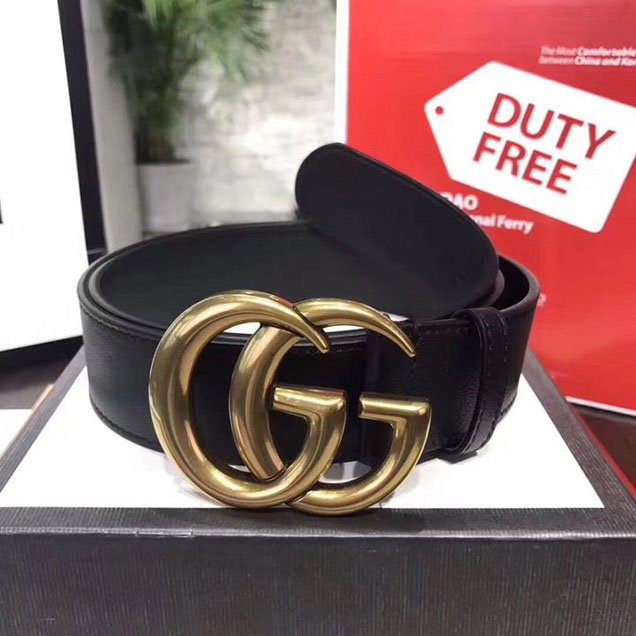 Gucci Belt with Double G 38MM Brushed Gold Hardware Calfskin Leather Spring Summer 2018 Collection Black