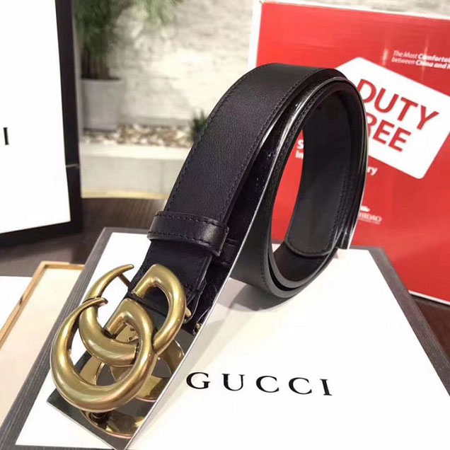 Gucci Belt with Double G 25MM Brushed Gold Hardware Calfskin Leather Spring Summer 2018 Collection Black