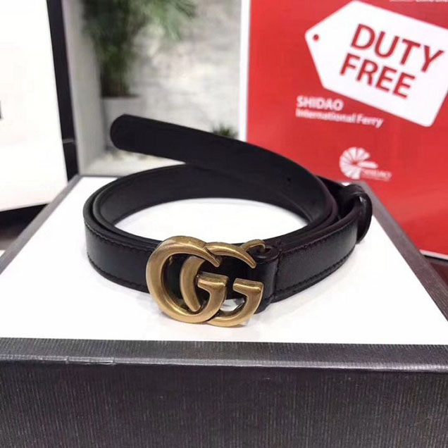 Gucci Skinny Belt with Double G 13MM Brushed Gold Hardware Calfskin Leather Spring Summer 2018 Collection Black