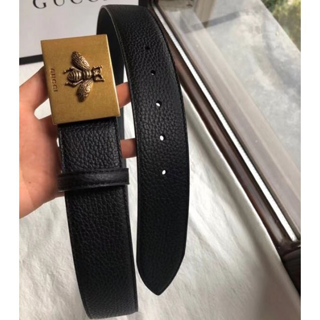 Gucci Width 4cm Leather Belt Black with Bee Metal Buckle