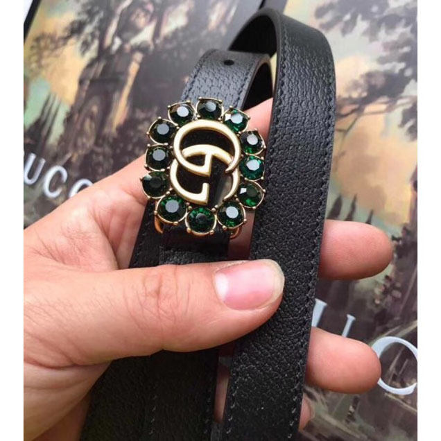 Gucci Width 2cm Leather Belt with Double G and Green Crystals Buckle