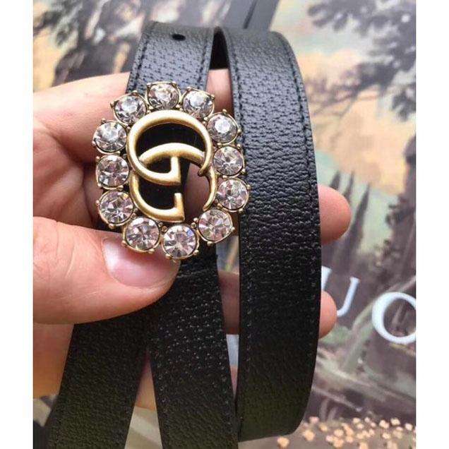 Gucci Width 2cm Leather Belt with Double G and White Crystals Buckle