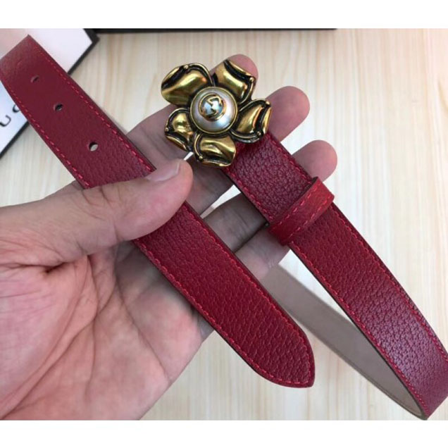 Gucci Width 2.5cm Leather Belt Red With Metal Flower