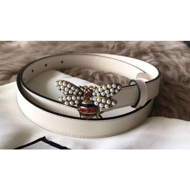 Gucci Width 2cm Metal Bee With Pearls Crystals Buckle Belt White