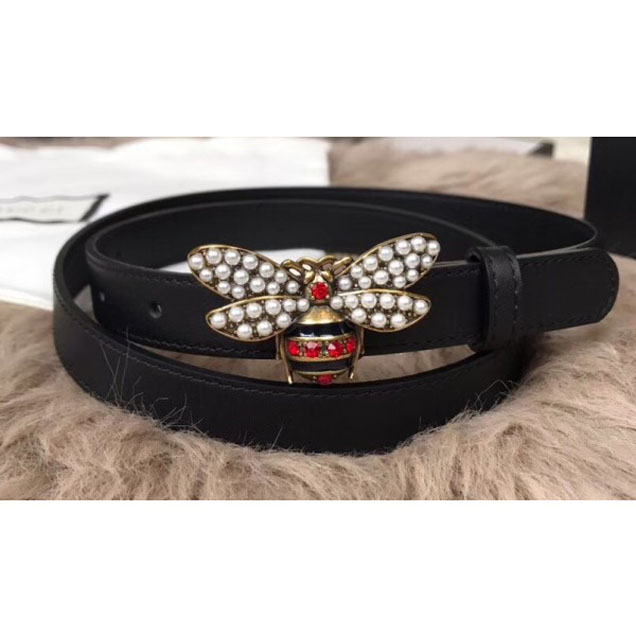 Gucci Width 2cm Metal Bee With Pearls Crystals Buckle Belt Black