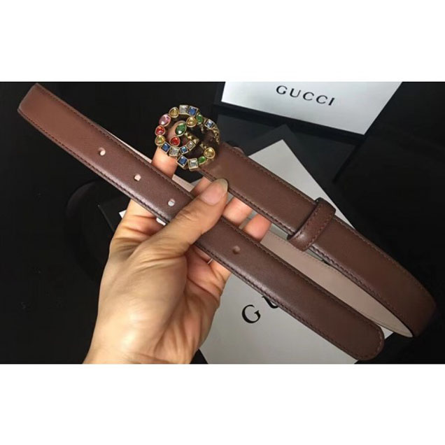 Gucci Width 2.5cm Coffee Leather Belt with Multicolor Crystals Double G Buckle