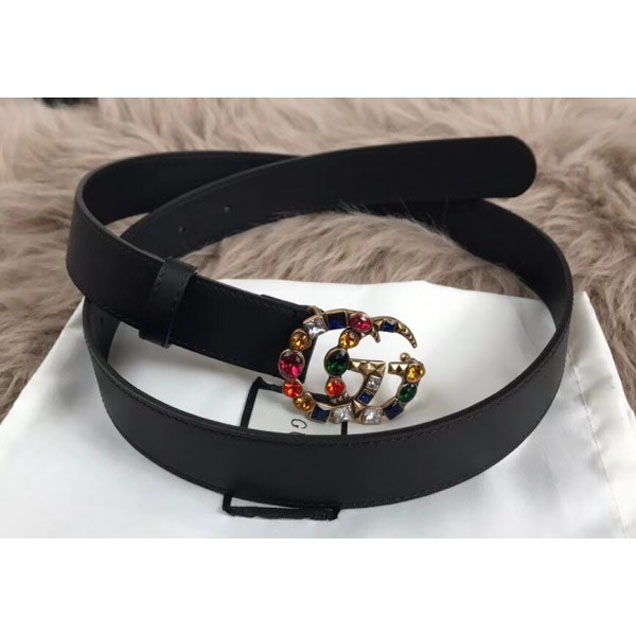 Gucci Width 3cm Black Leather Belt with Multicolor Crystals Double G Buckle