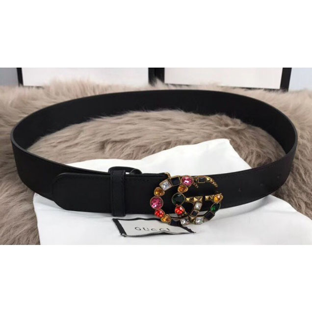 Gucci Width 4cm Black Leather Belt with Multicolor Crystals Double G Buckle