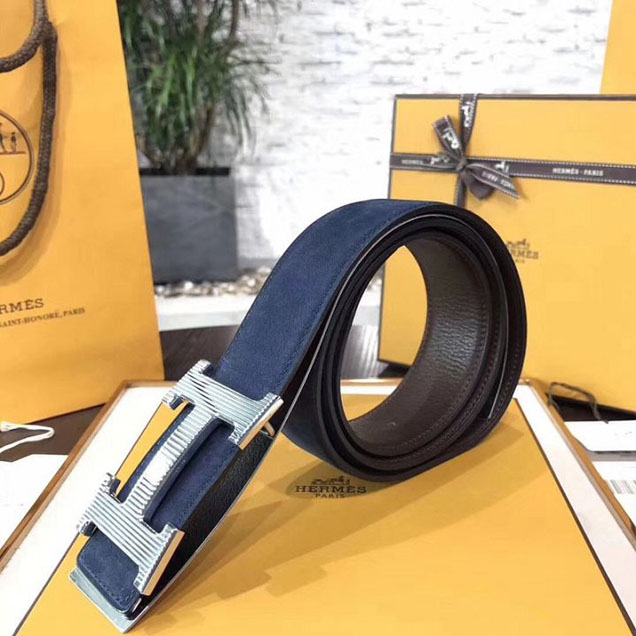 Hermes Constance 2 Belt Buckle & Reversible Suede Leather Strap 40MM Palladium Hardware Calfskin Leather Spring Summer 2018 Collection Navy Chocolat