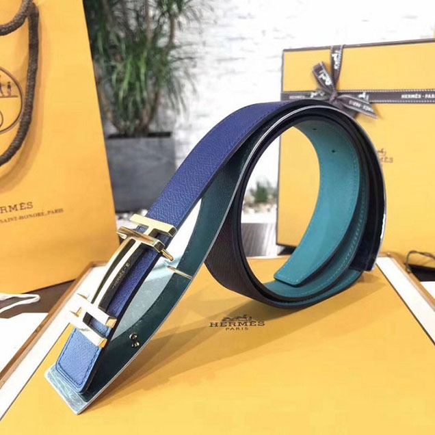 Hermes H au Carre Belt Buckle & Reversible Strap 32MM Palladium Hardware Polo Bullskin Swift Leather Spring Summer 2018 Collection Bleu Indigo Colvert