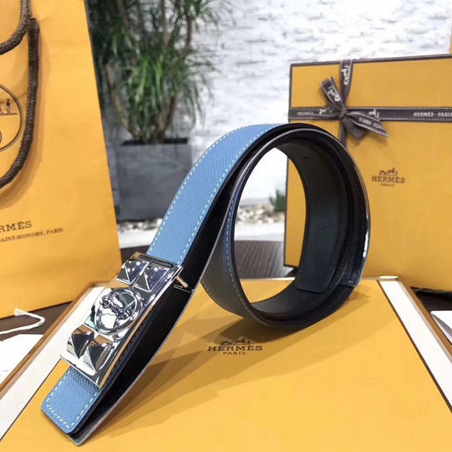 Hermes Collier de Chien Belt Buckle & Reversible Strap 32MM Palladium Hardware Calfskin Leather Spring Summer 2018 Collection Blue Noir