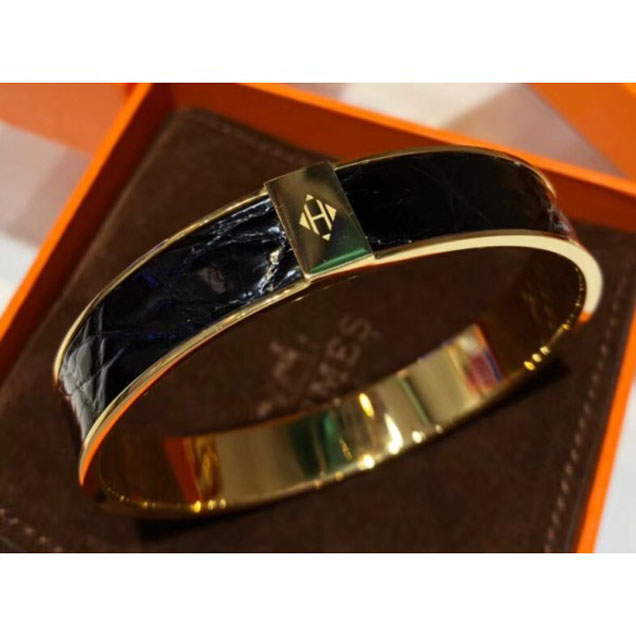 Hermes Crocodile Kawaii Narrow Bracelet Black