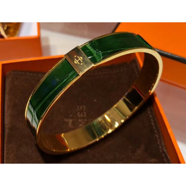 Hermes Crocodile Kawaii Wide Bracelet Green