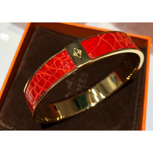 Hermes Crocodile Kawaii Narrow Bracelet Red