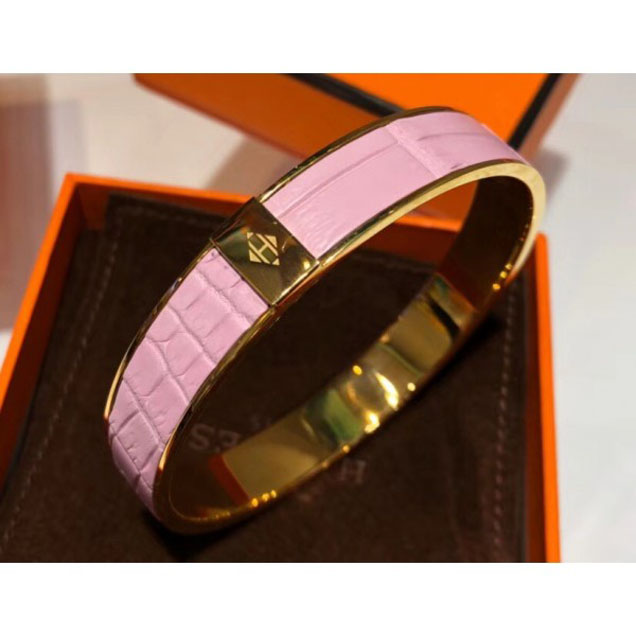 Hermes Crocodile Kawaii Wide Bracelet Pink