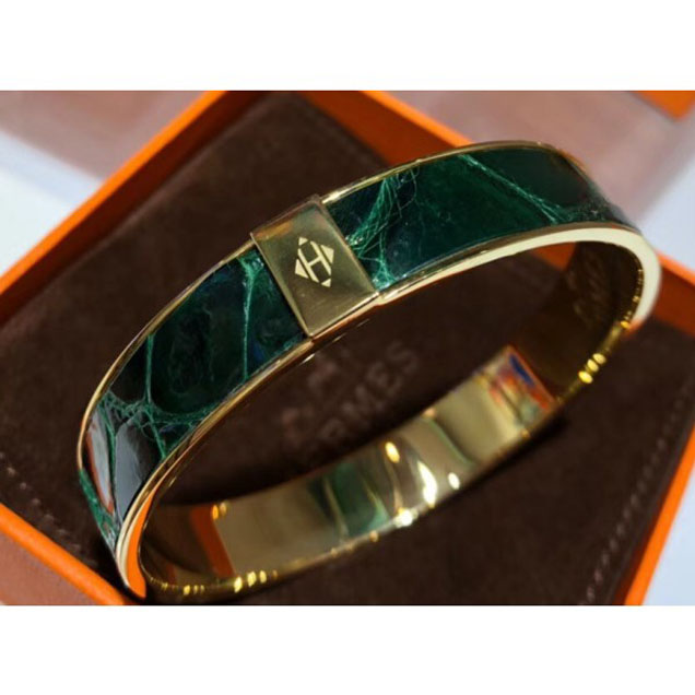 Hermes Crocodile Kawaii Narrow Bracelet Green