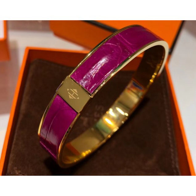 Hermes Crocodile Kawaii Wide Bracelet Purple