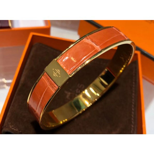 Hermes Crocodile Kawaii Wide Bracelet Orange