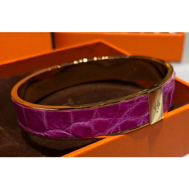 Hermes Crocodile Kawaii Narrow Bracelet Fuchsia