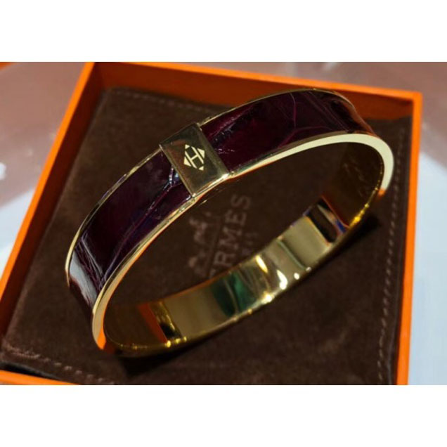 Hermes Crocodile Kawaii Narrow Bracelet Dark Purple