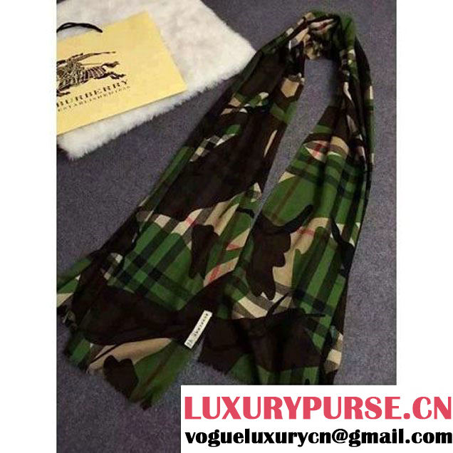 Burberry Check And Camouflage Wool Silk Scarf Green 2015 (GD-102102 )