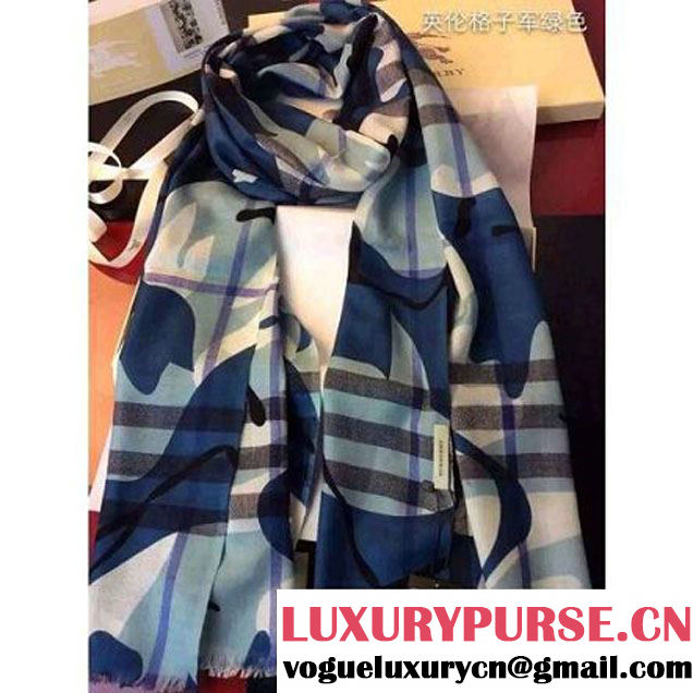 Burberry Check And Camouflage Wool Silk Scarf Blue 2015 (GD-102103 )