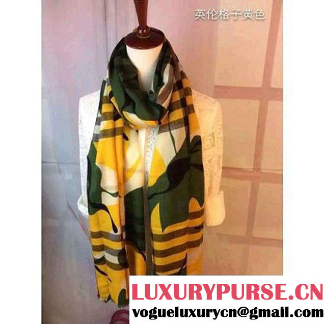 Burberry Check And Camouflage Wool Silk Scarf Yellow 2015 (GD-102104 )