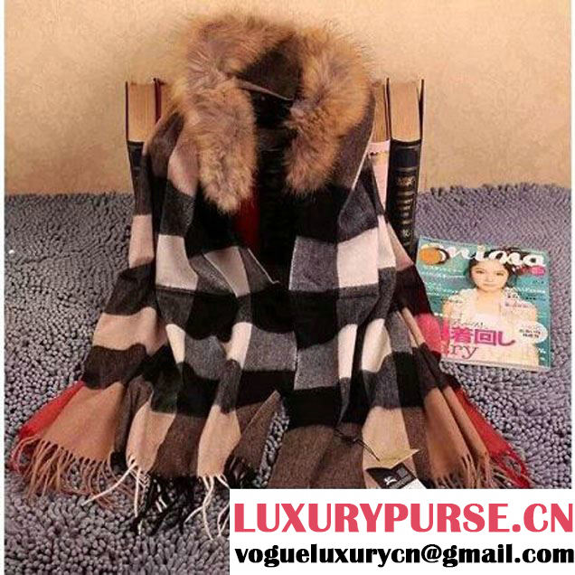 Burberry Classic Cashmere and Wool Shawl with Raccoon Hair Camel (102937 )