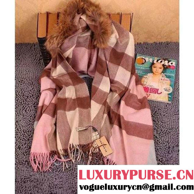 Burberry Classic Cashmere and Wool Shawl with Raccoon Hair Pink (102938 )