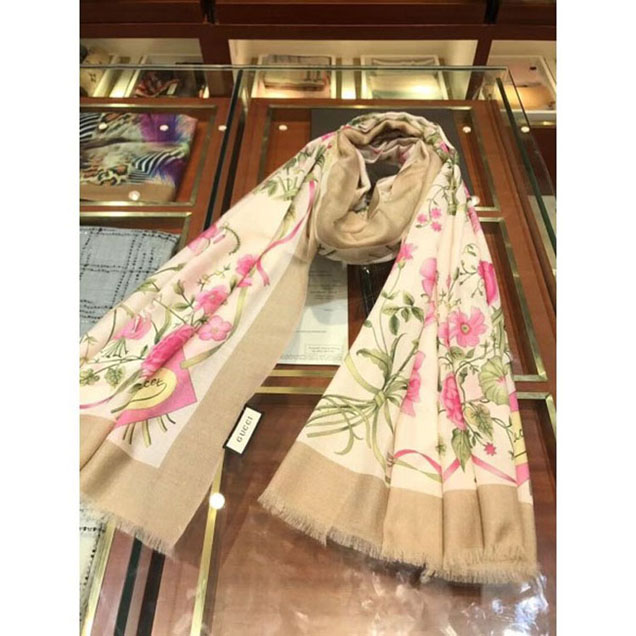 Gucci Flower Print Pure Cashmere Long Scarf Beige 05 2018 Collection