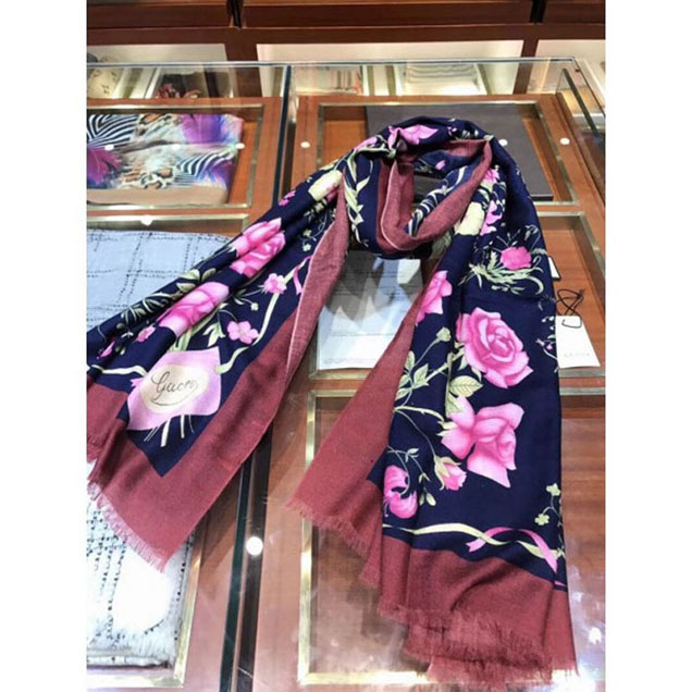 Gucci Flower Print Pure Cashmere Long Scarf Burberrygundy 04 2018 Collection