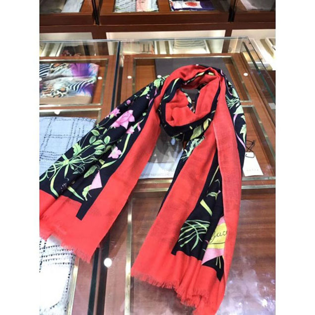 Gucci Flower Print Pure Cashmere Long Scarf Red 03 2018 Collection