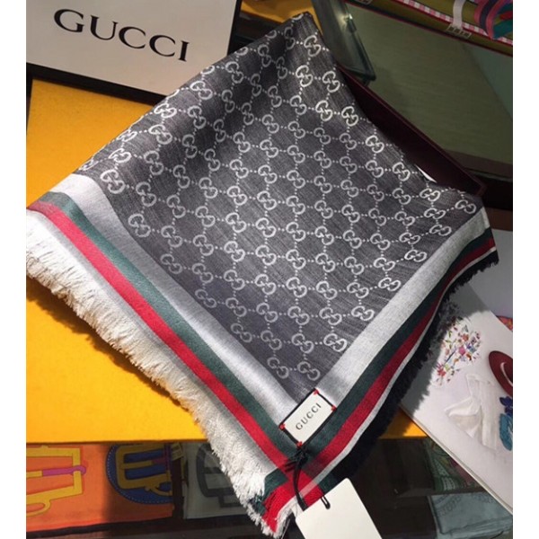 Gucci Silk Wool GG Scarf with Web 140x140cm Grey 2018