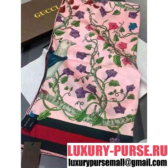 Gucci Silk Twill Birds Print Scarf Pink (17) 2016 (A0-6040143 )