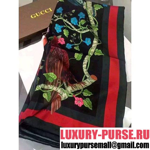 Gucci Silk Twill Birds Print Scarf Black (18) 2016 (A0-6040144 )