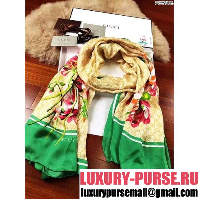 Gucci Silk Twill Flower Print Long Scarf (27) Green 2016 (A0-6040155 )